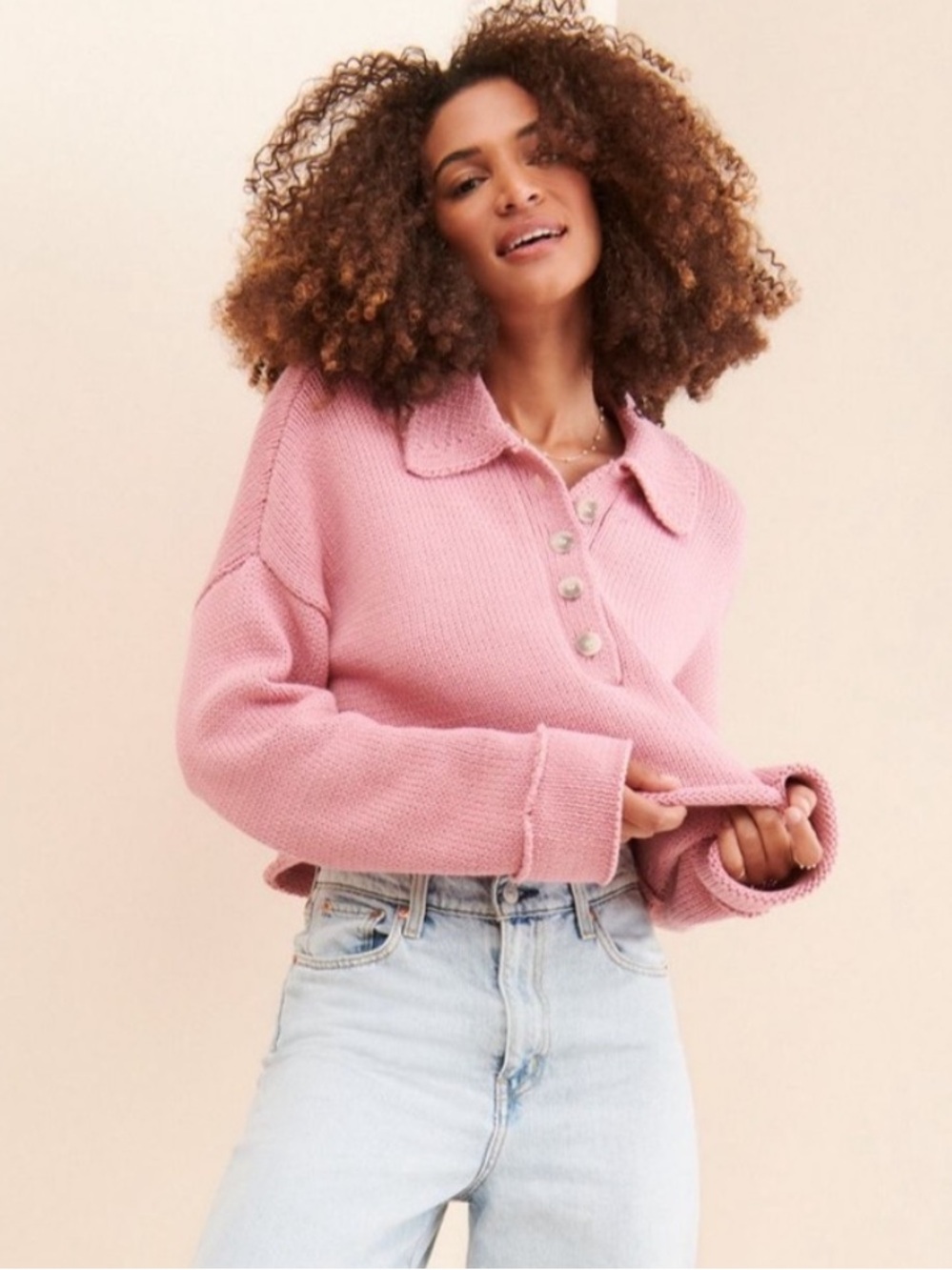 Show Me Your MuMu Dusty Pink Collared V-Neck Button Sweater